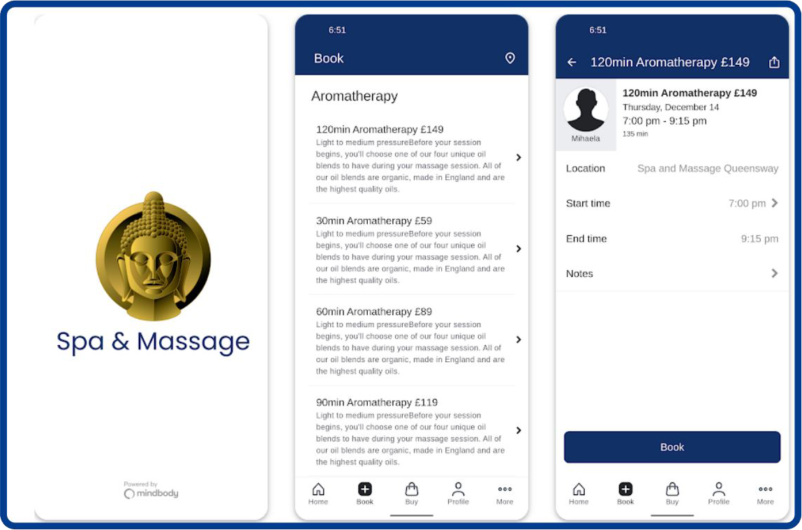 Mobile app interface for a Spa & Massage